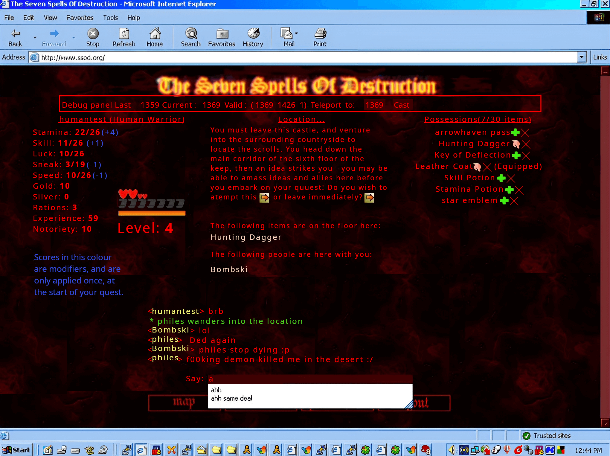 Web-based RPG in Internet Explorer, with stat boxes, live chat, and level indicators Web-based RPG in Internet Explorer, with stat boxes, live chat, and level indicators