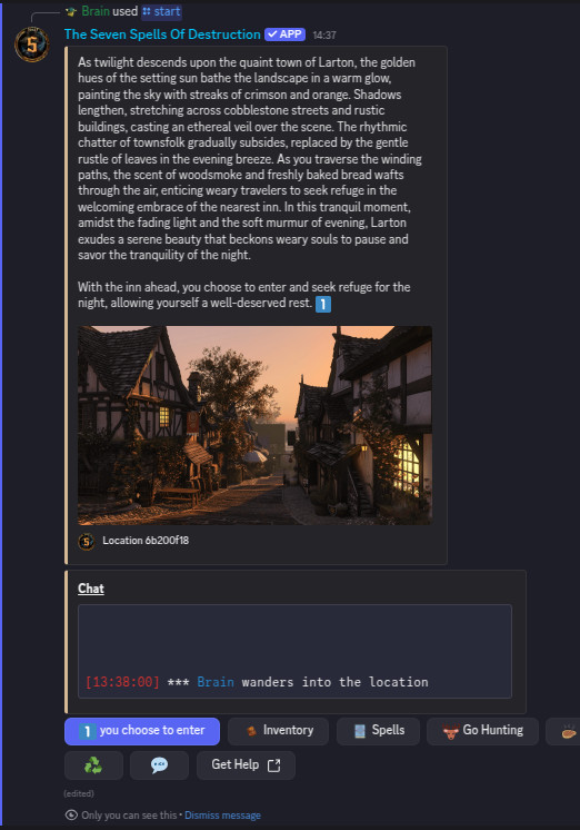Rich Discord embed of a town at dusk, offering a restful inn and branching options Rich Discord embed of a town at dusk, offering a restful inn and branching options